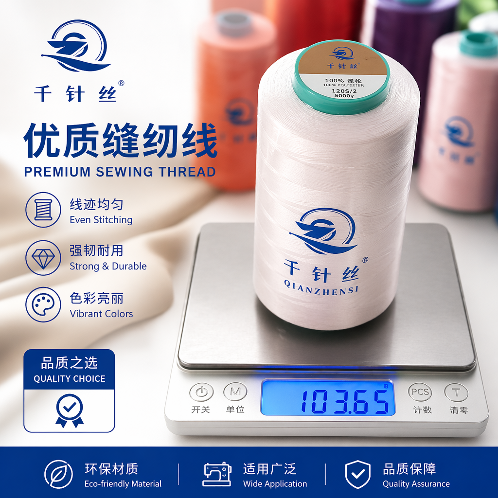 Close view of Qianzhen 40s/2 3000Y thread cones and specification labels